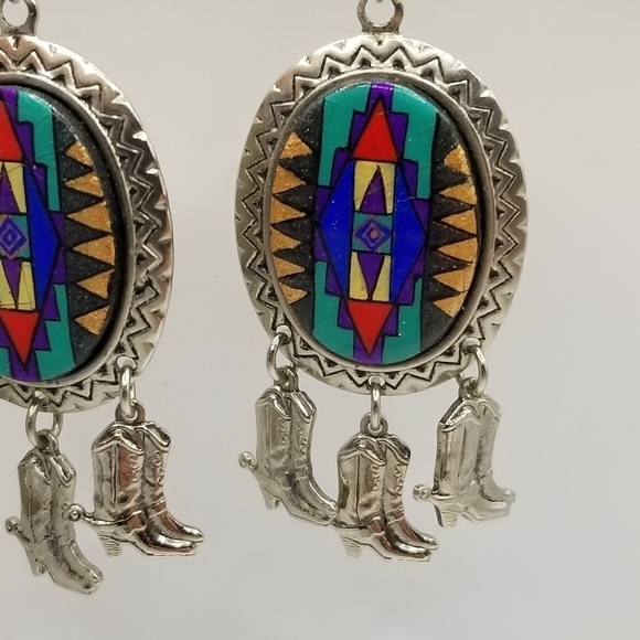 Silvertone Aztec Western Colorful Mosaic Dangle Earrings Cowboy Boots Large - Picture 7 of 9